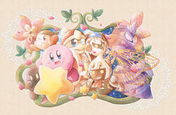  bandana_waddle_dee blue_eyes blue_sky commentary_request dark_meta_knight flower king_dedede kirby kirby:_triple_deluxe kirby_(series) lace leaf looking_at_viewer looking_away no_humans one_eye_closed petals plant queen_sectonia rayman_limbs red_eyes satou_kairi_(u-garden) shadow_kirby sky smile star_(sky) star_(symbol) starry_sky taranza vines warp_star yellow_eyes 