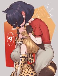  2girls ? animal_ears bad_id bad_twitter_id bare_shoulders belt black_gloves black_hair blonde_hair blush bow bowtie commentary_request ear_blush elbow_gloves extra_ears gloves head_back high-waist_skirt highres imminent_kiss kaban_(kemono_friends) kemono_friends kiss_day kiss_from_behind kissing medium_hair multiple_girls notora orange_bow orange_bowtie print_bow print_bowtie print_gloves print_skirt profile red_shirt serval_(kemono_friends) serval_print shirt short_hair short_sleeves shorts simple_background skirt sleeveless sleeveless_shirt spoken_question_mark sweat tail tail_wrap traditional_bowtie two-tone_bowtie upside-down_kiss white_bow white_bowtie white_shirt white_shorts yuri 