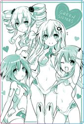  4girls bare_shoulders black_gloves black_sister blue_eyes blue_hair blush breasts cleavage cleavage_cutout clothing_cutout cosplay covering_breasts covering_privates drill_hair elbow_gloves english_text gloves green_heart_(neptunia) green_heart_(neptunia)_(cosplay) green_theme hair_ornament heart highres leotard long_hair looking_at_viewer looking_back medium_breasts midriff monochrome multiple_girls navel neptune_(series) official_art one_eye_closed open_mouth power_symbol power_symbol-shaped_pupils protected_link purple_hair purple_sister revealing_clothes smile symbol-shaped_pupils thigh_gap thighhighs tsunako twin_drills white_sister_ram white_sister_rom 