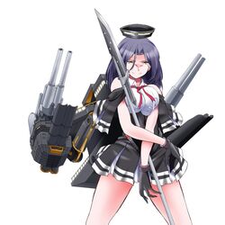  angeldust black_gloves black_skirt breasts closed_mouth commentary_request crossed_arms female gloves hair_intakes halo kantai_collection large_breasts long_hair looking_at_viewer mechanical_halo polearm purple_hair rigging simple_background skirt sleeveless smile solo spread_legs tatsuta_(kancolle) tatsuta_kai_ni_(kancolle) torpedo_launcher turret weapon white_background 