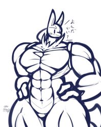  2019 big_muscles blue_and_white blush day-t dot_eyes featureless_crotch generation_4_pokemon hands_on_hips hi_res japanese_text lucario male monochrome muscular muscular_male neck_tuft nintendo pokemon pokemon_(species) portrait simple_background small_head solo spikes text three-quarter_portrait translated tuft white_background 