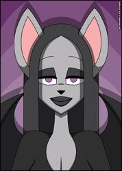  2019 anthro bat big_ears clothed clothing crossover dark_lipstick eyelashes female fur grey_body grey_clothing grey_fur grey_hair hair lady_malmsteen lipstick makeup mammal morticia_addams nickelodeon purple_background shinragod simple_background solo t.u.f.f._puppy the_addams_family verona7881 wings 