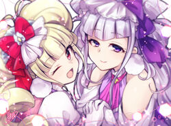  2girls ;d aisaki_emiru bad_id bad_pixiv_id blonde_hair blunt_bangs bow closed_mouth cure_amour cure_macherie gloves hairbow hugtto!_precure interlocked_fingers light_purple_hair long_hair looking_at_viewer magical_girl multiple_girls one_eye_closed open_mouth precure purple_eyes red_bow red_eyes ruru_amour shiunga315 signature smile white_gloves 