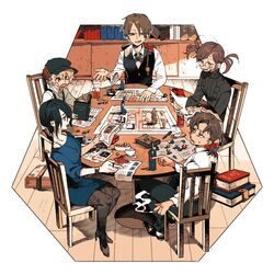  2girls 3boys black_hair blonde_hair book bottle brown_hair cabbie_hat can chair commentary_request hat indoors multiple_boys multiple_girls newo_(shinra-p) original pantyhose pointing ponytail ribbed_sweater round_eyewear sitting suspenders sweatdrop sweater table tabletop_rpg twintails vest watch wristwatch 