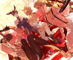  4boys ;d animal_ears areola_slip ass belial_(granblue_fantasy) black_gloves black_hair brown_hair champagne_flute chippendales cleavage_cutout clothing_cutout commentary_request cup drinking_glass dutch_angle earrings fake_animal_ears fake_tail fishnet_pantyhose fishnets garter_straps gloves granblue_fantasy grin high_heels highres jewelry kneeling leotard lobelia_(granblue_fantasy) looking_at_viewer looking_back male_focus male_playboy_bunny multiple_boys natsuko_(summer_525528) one_eye_closed open_mouth pantyhose poker_chip rabbit_ears rabbit_tail seofon_(granblue_fantasy) smile stairs suspenders tail tray undercut vane_(granblue_fantasy) white_legwear 