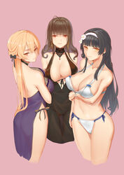  3girls absurdres ahoge alternate_costume arm_under_breasts asymmetrical_docking bare_shoulders bikini black_hair black_ribbon blonde_hair blunt_bangs blush braid breast_press breasts brown_hair c.rabbit cleavage closed_mouth commentary_request cropped_legs dress dsr-50_(girls&#039;_frontline) dsr-50_(highest_bid)_(girls&#039;_frontline) evening_gown flower girls&#039;_frontline hair_flower hair_ornament hair_ribbon hairband highres jewelry large_breasts long_hair looking_at_viewer multiple_girls navel official_alternate_costume ots-14_(girls&#039;_frontline) ots-14_(sangria_succulent)_(girls&#039;_frontline) pink_background purple_dress red_eyes ribbon sidelocks smile stomach swimsuit type_95_(girls&#039;_frontline) type_95_(summer_cicada)_(girls&#039;_frontline) very_long_hair white_bikini white_hairband yellow_eyes 