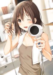  ;d bathroom blurry blurry_background blush bottle breasts brown_eyes brown_hair cleavage collarbone commentary dutch_angle female fingernails hair_between_eyes hair_dryer highres holding holding_own_hair indoors kukiha looking_at_viewer medium_hair one_eye_closed open_mouth original shirt sink small_breasts smile soap solo teeth towel towel_around_neck upper_body wet wet_hair 