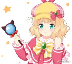  blonde_hair bow brooch cabbie_hat capelet collarbone commentary_request cosplay dress female flying_sweatdrops frilled_capelet frilled_sleeves frills gochuumon_wa_usagi_desu_ka? green_eyes hands_up hat hat_bow holding holding_magnifying_glass jewelry kirima_syaro long_hair long_sleeves looking_at_viewer magnifying_glass mitya name_connection pink_hat plaid plaid_headwear red_capelet red_dress sherlock_shellingford sherlock_shellingford_(cosplay) sleeves_past_wrists solo star_(symbol) starry_background striped striped_bow tantei_opera_milky_holmes twitter_username upper_body white_background yellow_bow 