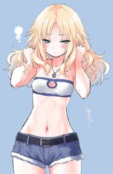  bandeau blonde_hair blue_background blush breasts commentary_request cowboy_shot cutoff_jeans cutoffs embarrassed fate/apocrypha fate_(series) female green_eyes groin hair_down hands_in_hair long_hair mordred_(fate) mordred_(fate/apocrypha) mordred_(memories_at_trifas)_(fate) mozu_(peth) navel simple_background small_breasts solo 