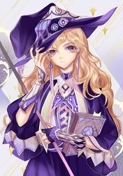  black_nails blonde_hair book bookmark commentary_request dress earrings female hand_up hat highres holding holding_book jewelry kirisame_marisa long_hair looking_at_viewer nail_polish purple_eyes purple_hat rela_xixuegui solo staff touhou upper_body witch_hat 