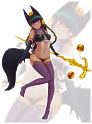  absurdres animal_ears anubis_(monster_girl_encyclopedia) balance_scale black_gloves dark_green_hair dark_skin dog_ears dog_tail egyptian elbow_gloves female full_body gloves green_hair hair_ornament highres jackal long_hair looking_at_viewer monster_girl monster_girl_encyclopedia navel red_eyes simple_background snake_hair_ornament solo staff tail thighhighs weighing_scale white_background wlper 