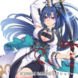  amayui_castle_meister arm_up armor armpit_cutout armpits blue_hair breasts cleavage clothing_cutout commentary_request dutch_angle female hair_between_eyes hanauna horns japanese_clothes katana large_breasts lens_flare long_hair long_sleeves obi pauldrons ponytail purple_eyes sash sheath shoulder_armor sidelocks smile solo strapless sword tube_top underbust unsheathing v-shaped_eyebrows very_long_hair weapon 