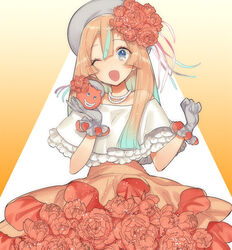  ;d blue_eyes commentary_request dress female flower gloves gradient_background gradient_hair grey_gloves hair_flower hair_ornament hand_up jewelry kotobuki_(medetai) long_hair looking_at_viewer multicolored_hair necklace one_eye_closed open_mouth pearl_necklace pixiv_fantasia pixiv_fantasia_last_saga smile solo stuffed_toy white_headwear yellow_background 