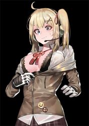  bad_id bad_twitter_id black_background black_bra blue_eyes blush bra breasts brown_jacket cleavage commentary_request eyewear_on_head female girls&#039;_frontline gloves hair_between_eyes hair_ornament hair_ribbon hand_up headset highres ihobus jacket kalina_(girls&#039;_frontline) korean_commentary lace lace-trimmed_bra lace_trim large_breasts long_hair neck_ribbon off_shoulder orange_hair parted_lips plaid plaid_skirt red_ribbon ribbon shirt side_ponytail simple_background skirt smile solo sunglasses sweatdrop underwear unzipping white_shirt x_hair_ornament 