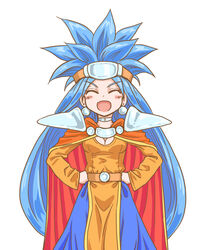  big_hair blue_hair bracelet breasts cape chrono_trigger cleavage commentary_request dress earrings female hands_on_own_hips jewelry large_breasts long_hair oerba_yun_fang open_mouth queen_zeal s-a-murai simple_background skin_fang smile solo white_background 