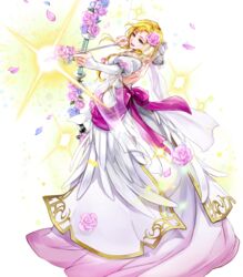  arrow_(projectile) blonde_hair bow_(weapon) braid breasts bride dress feather_trim female fire_emblem fire_emblem:_the_blazing_blade fire_emblem_heroes flower full_body hair_ornament highres holding holding_bow_(weapon) holding_weapon long_hair louise_(bridal)_(fire_emblem) louise_(fire_emblem) medium_breasts official_art open_mouth petals purple_eyes single_braid smile solo sparkle strapless strapless_dress transparent_background wada_sachiko weapon wedding_dress white_dress 