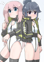  2girls alice_gear_aegis az:u black_jacket black_thighhighs blue_eyes blue_hair breasts circle_cutout cleavage_cutout clothing_cutout companion/af covered_collarbone cowboy_shot front_zipper full-length_zipper hair_bun highleg highleg_leotard highres jacket kagamihara_nadeshiko leotard long_hair multiple_girls pink_hair purple_eyes race_queen shima_rin single_hair_bun sleeveless_turtleneck_leotard small_breasts thighhighs turtleneck turtleneck_leotard two-tone_leotard white_leotard yurucamp zipper zipper_leotard zipper_pull_tab 