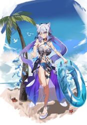  ;) absurdres amiris_(amiris76455574) animal_ears beach bikini bird black_bikini blue_eyes blue_sarong blue_sky breasts cat_ears commentary_request diamond-shaped_pupils diamond_(shape) female fish flying_fish highres holding holding_swim_ring honkai_(series) honkai_impact_3rd kiana_kaslana kiana_kaslana_(herrscher_of_finality) kiana_kaslana_(selenic_ripples) korean_commentary large_breasts long_hair midriff multicolored_hair navel official_alternate_costume one_eye_closed palm_tree purple_hair sandals sarong seagull sky smile solo standing standing_on_one_leg swim_ring swimsuit symbol-shaped_pupils toes tree two-tone_hair very_long_hair white_hair 
