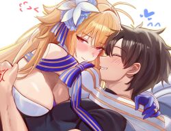  0nineo9 1boy absurdres archetype_earth arcueid_brunestud bare_shoulders black_shirt blonde_hair blush breasts closed_mouth couple dress eyelashes fate/grand_order fate_(series) female fujimaru_ritsuka_(male) highres hug large_breasts parted_lips red_eyes shirt smile straight strapless strapless_dress tsukihime tsukihime_(remake) 