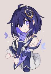  ahoge blue_eyes blue_gloves blue_hair breasts commentary_request cropped_torso dress female gloves grey_background hair_ornament highres honkai_(series) honkai_impact_3rd korean_commentary large_breasts looking_at_viewer mi_(27782900) seele_vollerei short_hair simple_background smile solo white_dress 