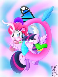  alicorn alternate_species blush chimera draconequus duo equid equine female feral friendship_is_magic hasbro hi_res horn jesslmc16 looking_at_another mammal my_little_pony mythological_creature mythological_equine mythology pinkie_pie_(mlp) simple_background smile twilight_sparkle_(mlp) wings 
