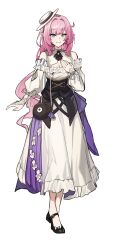  absurdres amiris_(amiris76455574) blue_eyes breasts cleavage commentary_request dress elf elysia_(honkai_impact) elysia_(sweet_memories)_(honkai_impact) female hat highres honkai_(series) honkai_impact_3rd korean_commentary large_breasts long_hair looking_at_viewer official_alternate_costume pink_hair pointy_ears simple_background smile solo tilted_headwear very_long_hair white_background white_dress white_hat 