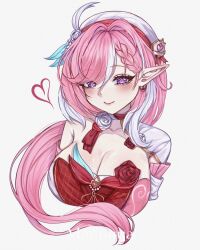  beret breasts cleavage commentary cropped_torso diamond-shaped_pupils diamond_(shape) dress earrings elysia_(hi_love_elf)_(honkai_impact) elysia_(honkai_impact) female hat heart heart_earrings highres honkai_(series) honkai_impact_3rd jewelry large_breasts long_hair looking_at_viewer manunya_igruiya multicolored_hair pink_hair purple_eyes red_dress smile solo symbol-shaped_pupils two-tone_hair very_long_hair white_hair 