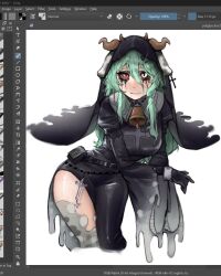  animal_ears bead_necklace beads bell black_dress black_gloves closed_mouth coffin_hair_ornament colored_sclera commentary cow_ears cow_girl cow_horns cowbell crelly crelly_(mold_mother) dress female gloves green_hair grey_eyes grey_sclera heterochromia horns indie_virtual_youtuber jewelry jiro_draws_cats long_hair looking_at_viewer makeup mold mole mole_under_mouth necklace nun_headdress red_eyes runny_makeup solo thighs virtual_youtuber 
