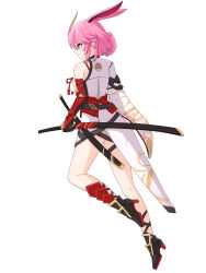  animal_ears ass bare_shoulders black_boots boots closed_mouth commentary female from_behind full_body hair_between_eyes high_heel_boots high_heels highres holding holding_sheath honkai_(series) honkai_impact_3rd katana long_sleeves nabiyan pink_hair profile purple_eyes sheath sheathed simple_background single_sleeve solo sword weapon white_background wide_sleeves yae_sakura yae_sakura_(flame_sakitama) 