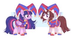  alicorn alternate_species blush confusion crossover duo equid equine female feral friendship_is_magic glitch_productions hasbro hi_res horn jester mammal my_little_pony mythological_creature mythological_equine mythology nay_kater pomni_(tadc) simple_background the_amazing_digital_circus twilight_sparkle_(mlp) unicorn wings worried 