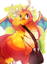  absurd_res antennae_(anatomy) anthro bag belly claws dragon dragonite felipotyphlosion female generation_1_pokemon green_background green_eyes hi_res membrane_(anatomy) membranous_wings mythological_creature mythological_scalie mythology nintendo orange_body pokemon pokemon_(species) scalie simple_background solo white_background wings yellow_body 