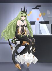  absurdres bare_shoulders black_dress black_gloves breasts brown_eyes commentary dress elbow_gloves female full_body gloves green_hair hair_between_eyes headpiece highres honkai_(series) honkai_impact_3rd indoors long_hair looking_at_viewer mobius_(honkai_impact) nabiyan sitting small_breasts smile solo very_long_hair 
