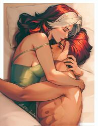  1boy breasts brown_hair camisole closed_eyes colored_bangs edith_lanzhen female gambit highres hug long_hair marvel multicolored_hair rogue_(x-men) short_hair smile two-tone_hair white_hair x-men 
