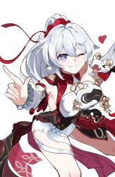  ;) absurdres amiris_(amiris76455574) blue_eyes breasts commentary_request diamond-shaped_pupils diamond_(shape) dress female high_ponytail highres honkai_(series) honkai_impact_3rd kiana_kaslana kiana_kaslana_(ba-dum!_fiery_wishing_star) korean_commentary large_breasts long_hair looking_at_viewer one_eye_closed ponytail rice_cake_(honkai_impact) simple_background smile snake solo symbol-shaped_pupils very_long_hair white_background white_dress white_hair white_snake 