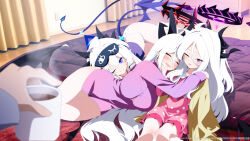  1boy 3girls :d ;d absurdres ass bed_sheet bedroom blue_archive blurry cardigan coffee coffee_mug commentary_request cup curtains demon_girl demon_horns demon_tail demon_wings depth_of_field dress drill_hair eye_mask father_and_child father_and_daughter hair_between_eyes halo highres hina_(blue_archive) hina_(pajamas)_(blue_archive) holding holding_cup horns hug hug_from_side indoors leaning_on_person leaning_to_the_side long_hair long_sleeves looking_at_viewer luna_(treeplanting) lying mask medium_hair mother_and_child mother_and_daughter mug multiple_girls official_alternate_costume official_alternate_hairstyle on_bed on_side one_eye_closed open_cardigan open_clothes original pajamas panties parent_and_child pink_dress pink_pajamas polka_dot polka_dot_pajamas pov pov_hands purple_dress purple_eyes sensei_(blue_archive) short_dress short_sleeves sidelocks sitting smile sun_(treeplanting) sunlight tail treeplanting underwear waking_up wavy_hair white_hair white_panties window wings yellow_cardigan 