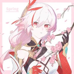  asymmetrical_gloves black_gloves border branch breasts commission dress female flower fu_hua gloves hair_between_eyes hands_up highres honkai_(series) honkai_impact_3rd long_hair looking_at_viewer manfu_w medium_breasts mismatched_gloves multicolored_hair parted_lips petals pink_border pink_flower pink_hair red_eyes red_gloves red_hair solo streaked_hair upper_body very_long_hair white_background white_dress 