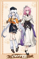  2girls absurdres ahoge amiris_(amiris76455574) bare_shoulders belt black_hat black_shoes black_skirt blue_eyes breasts brown_background cleavage commentary_request cup denim denim_skirt dress elf elysia_(honkai_impact) elysia_(sweet_memories)_(honkai_impact) english_text hat highres holding holding_cup honkai_(series) honkai_impact_3rd kiana_kaslana kiana_kaslana_(sweet_memories) korean_commentary large_breasts leg_warmers long_hair looking_at_viewer multiple_girls official_alternate_costume orange_shirt paw_print paw_print_background pink_hair pointy_ears shirt shoes skirt smile thigh_belt thigh_strap tilted_headwear very_long_hair white_dress white_hair white_hat white_leg_warmers 