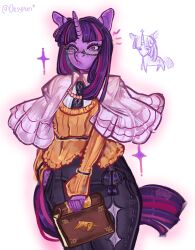  accessory anthro clothing dress equid equine eyewear female feral friendship_is_magic glasses hasbro hi_res horn mammal my_little_pony mythological_creature mythological_equine mythology necktie oksy solo sparkles tome twilight_sparkle_(mlp) unicorn 