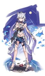  absurdres amiris_(amiris76455574) animal_ears bikini black_bikini blue_eyes blue_sarong breasts cat_ears commentary_request diamond-shaped_pupils diamond_(shape) female fish flying_fish highres honkai_(series) honkai_impact_3rd kiana_kaslana kiana_kaslana_(herrscher_of_finality) kiana_kaslana_(selenic_ripples) korean_commentary large_breasts long_hair midriff multicolored_hair navel official_alternate_costume purple_hair sandals sarong solo swimsuit symbol-shaped_pupils toes two-tone_hair very_long_hair white_hair 