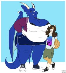  2021 5_fingers absurd_res anthro belly big_breasts black_nose blue_(day-tripper-guy) blue_background blue_body blue_eyebrows border bottomwear bra breasts brown_eyes brown_hair canid canine canis cleavage clothed clothing day-tripper-guy domestic_dog dragon duo eyebrows female fingers footwear fur gloves_(marking) hair hi_res horn isaac_(day-tripper-guy) jacket larger_female leg_markings looking_at_viewer male mammal markings multicolored_body multicolored_fur mythological_creature mythological_scalie mythology navel_outline scalie sharp_teeth shirt shoes shorts simple_background size_difference smaller_male smile socks_(marking) tail tan_body tan_fur tan_horn teal_wings teeth topwear underwear white_border wide_hips wings yellow_eyes 