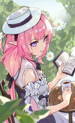  absurdres amiris_(amiris76455574) blue_eyes book breasts cleavage commentary_request cup dress elf elysia_(honkai_impact) elysia_(sweet_memories)_(honkai_impact) female hat highres holding holding_book holding_cup honkai_(series) honkai_impact_3rd korean_commentary long_hair looking_at_viewer medium_breasts official_alternate_costume pink_hair pointy_ears sidelocks solo very_long_hair white_dress white_hat 