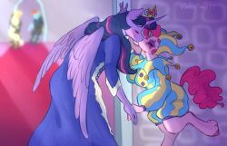  alicorn anthro applejack_(mlp) blush clothing crown dress duo earth_pony equid equine female friendship_is_magic hasbro headgear hi_res horn horse jester kissing mammal my_little_pony mythological_creature mythological_equine mythology pinkie_pie_(mlp) pony rainbow_dash_(mlp) twilight_sparkle_(mlp) violetpony11 wings 