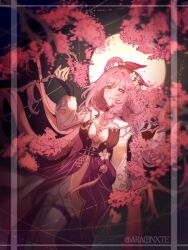  arachnxte bell breasts cherry_blossoms commentary dress elysia_(herrscher_of_human:_ego)_(honkai_impact) elysia_(honkai_impact) elysia_(peachy_spring)_(honkai_impact) english_commentary female flower full_moon hair_bell hair_flower hair_ornament highres honkai_(series) honkai_impact_3rd large_breasts long_hair moon official_alternate_costume pink_hair purple_eyes red_dress smile solo twitter_username very_long_hair 