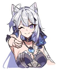  ;) absurdres ahoge amiris_(amiris76455574) animal_ears bikini black_bikini blue_eyes breasts cat_ears commentary_request cropped_torso diamond-shaped_pupils diamond_(shape) female finger_gun highres honkai_(series) honkai_impact_3rd jewelry kiana_kaslana kiana_kaslana_(herrscher_of_finality) kiana_kaslana_(selenic_ripples) korean_commentary large_breasts long_hair looking_at_viewer necklace official_alternate_costume one_eye_closed shell shell_necklace simple_background smile solo swimsuit symbol-shaped_pupils textless_version very_long_hair white_background white_hair 