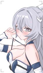  blush breasts bronya_zaychik bronya_zaychik_(maximum_velocity) bronya_zaychik_(silverwing:_n-ex) chelimas_(arcalive) cleavage commentary_request female grey_eyes grey_hair highres holding_strap honkai_(series) honkai_impact_3rd korean_commentary large_breasts long_hair looking_at_viewer official_alternate_costume simple_background solo tank_top very_long_hair white_background white_tank_top 