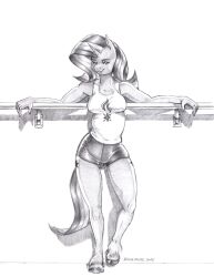  2026 anthro baron_engel bottomwear breasts clothing equid equine female friendship_is_magic fur greyscale hair hasbro hi_res hooves horn mammal monochrome my_little_pony mythological_creature mythological_equine mythology shirt shorts solo starlight_glimmer_(mlp) tail tank_top topwear unguligrade unicorn unicorn_horn 