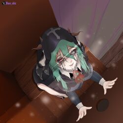  animal_ears bead_necklace beads bell black_dress black_sclera breasts colored_sclera confessional cow_ears cow_girl cow_horns cowbell crelly crelly_(mold_mother) dress female green_hair grey_eyes grey_sclera heterochromia highres horns indie_virtual_youtuber jewelry kingoflorderon large_breasts long_hair makeup mismatched_sclera mold mole mole_under_mouth necklace nun_headdress open_mouth red_eyes runny_makeup solo thighs virtual_youtuber 