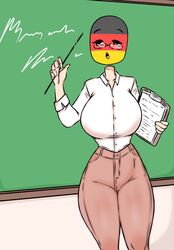  1girls big_breasts chalkboard comission countryhumans countryhumans_girl flawsy germany_(countryhumans) glasses lips pants questionable teacher teacher_outfit 