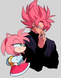  accessory amy_rose anthro clothing corelessmoter crossover dragon_ball duo eulipotyphlan eye_contact female goku_black hair hair_accessory hairband half-closed_eyes hedgehog human looking_at_another male mammal narrowed_eyes pink_hair sega simple_background sonic_the_hedgehog_(series) 