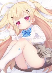  ahoge ass azur_lane bad_id bad_twitter_id blonde_hair blue_bow blush bow brown_skirt closed_mouth collared_shirt commentary_request dress_shirt eldridge_(azur_lane) eldridge_(the_inquisitive_recluse)_(azur_lane) facial_mark feet_out_of_frame female hair_ornament hairclip hand_up highres inactive_account kneehighs kokone_(coconeeeco) long_hair long_sleeves lying no_shoes official_alternate_costume on_side panties pleated_skirt red_eyes shirt skirt sleeves_past_wrists socks solo two_side_up underwear very_long_hair white_panties white_shirt white_socks 